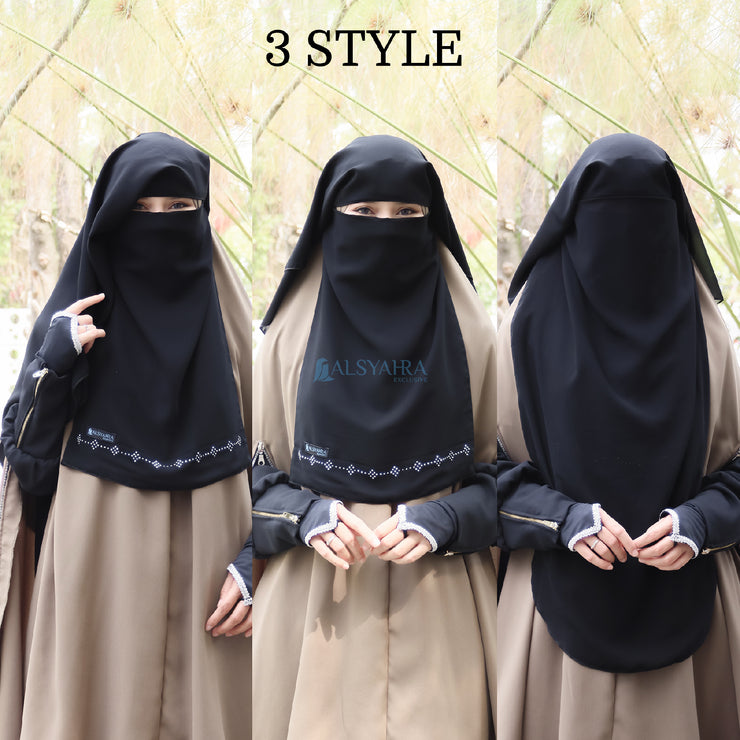 Alsyahra Exclusive Niqab Yaman Alhajr 2 Layer Chiffon Silk Jetblack