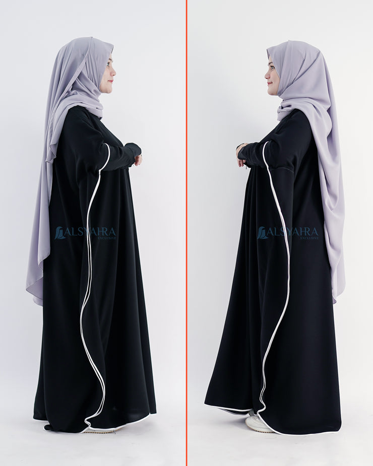 Abaya Syari Farasha Stripe Bisban Putih Zipper Jetblack Alsyahra Exclusive