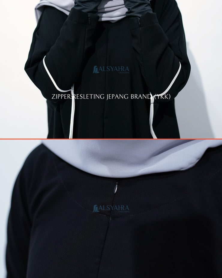 Abaya Syari Farasha Stripe Bisban Putih Zipper Jetblack Alsyahra Exclusive