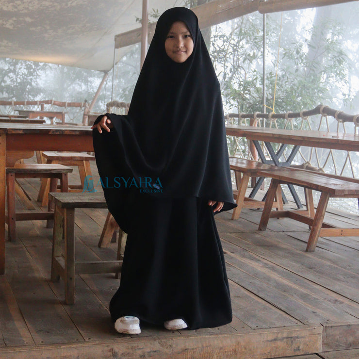 Alsyahra Exclusive Set Khimar Cadar Tali Kids Non Pad Jetblack