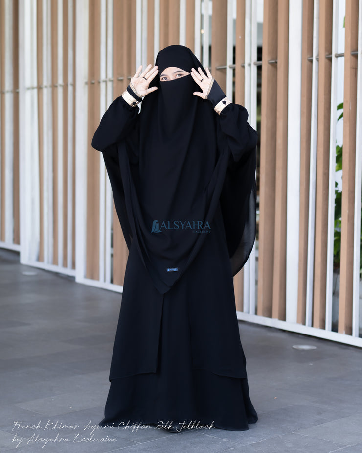 French Khimar Ayumi Size XL Sifon Jetblack by Alsyahra Exclusive