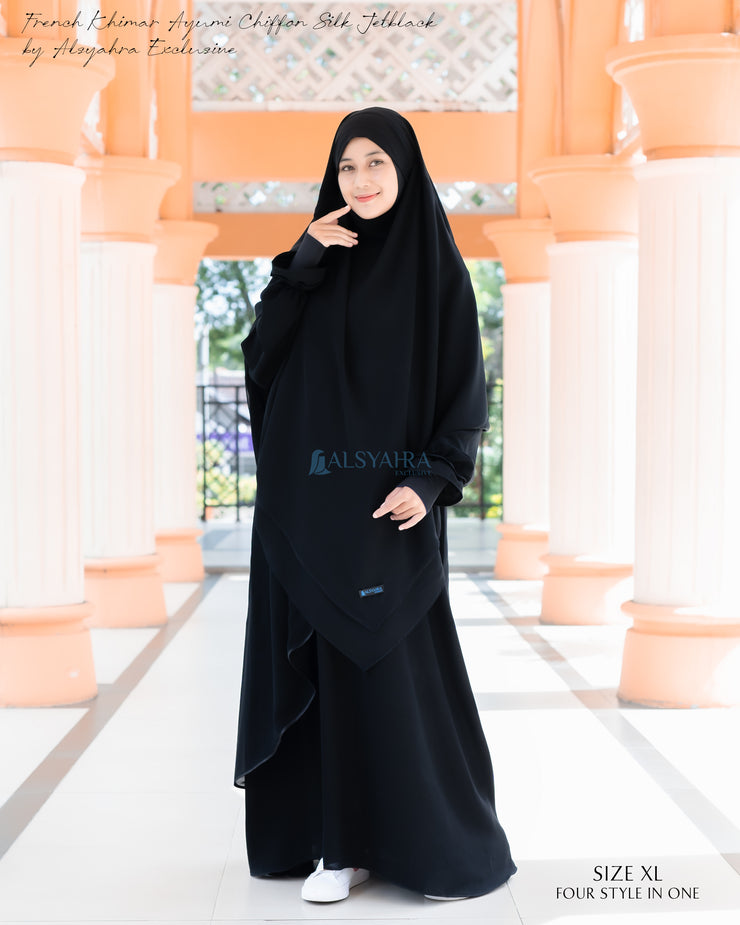 French Khimar Ayumi Size XL Sifon Jetblack by Alsyahra Exclusive