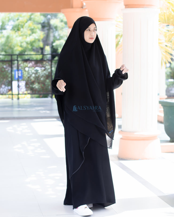 French Khimar Ayumi Size XL Sifon Jetblack by Alsyahra Exclusive