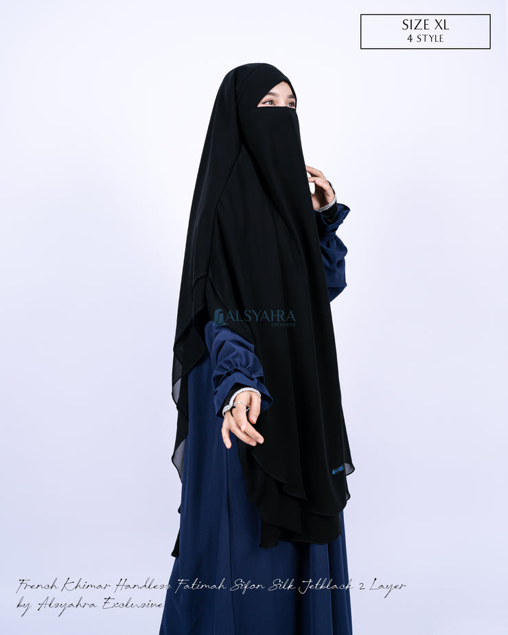 French Khimar Handless Fatimah Sifon Silk Jetblack 2 Layer Alsyahra Exclusive XL