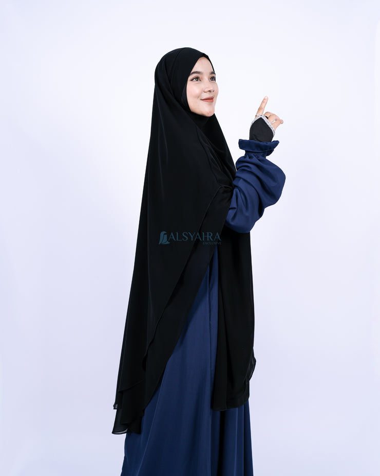 French Khimar Handless Fatimah Sifon Silk Jetblack 2 Layer Alsyahra Exclusive XL