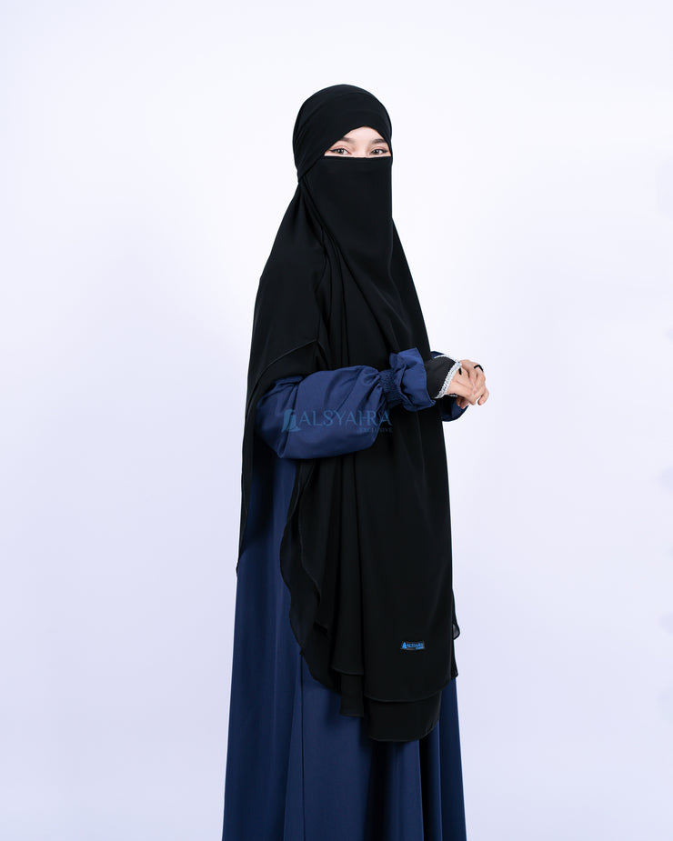 French Khimar Handless Fatimah Sifon Silk Jetblack 2 Layer Alsyahra Exclusive XL