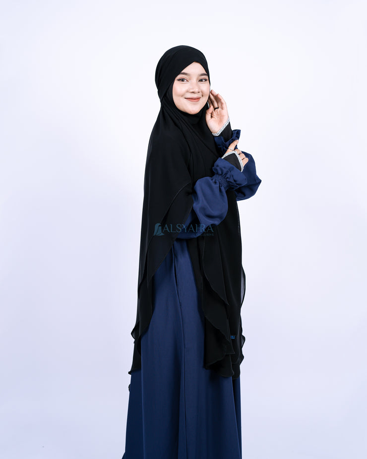French Khimar Handless Fatimah Sifon Silk Jetblack 2 Layer Alsyahra Exclusive XL