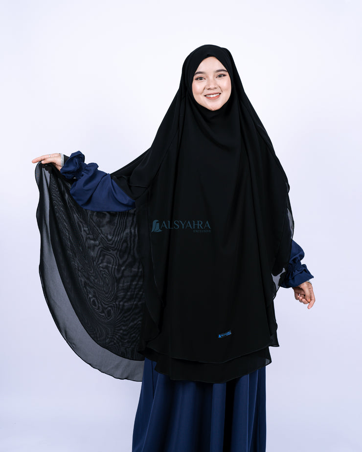 French Khimar Handless Fatimah Sifon Silk Jetblack 2 Layer Alsyahra Exclusive XL