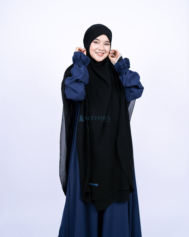 French Khimar Handless Fatimah Sifon Silk Jetblack 2 Layer Alsyahra Exclusive XL