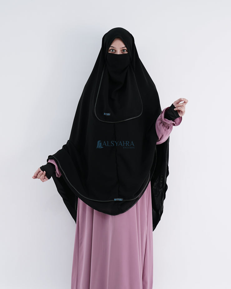 Alsyahra Exclusive Set Khimar Butterfly 2 Layer Bisban Hitam XXL Sifon Jetblack