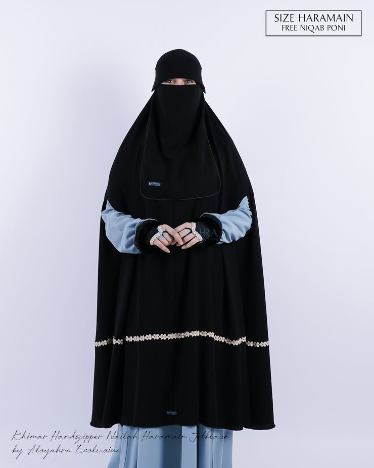 Set Khimar Syari Handzipper Nailah Haramain Niqab Poni Jetblack Alsyahra Exclusive