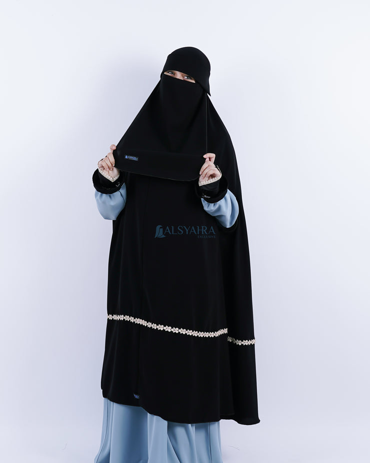 Set Khimar Syari Handzipper Nailah Haramain Niqab Poni Jetblack Alsyahra Exclusive