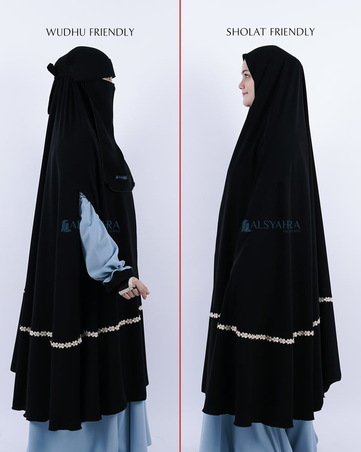 Set Khimar Syari Handzipper Nailah Haramain Niqab Poni Jetblack Alsyahra Exclusive