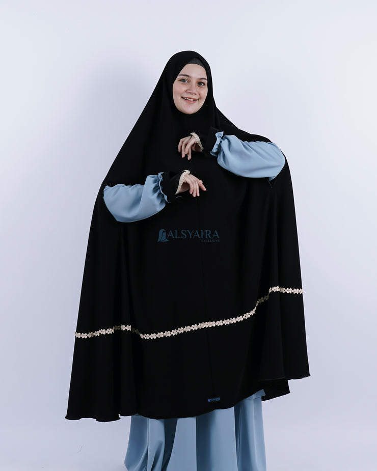 Set Khimar Syari Handzipper Nailah Haramain Niqab Poni Jetblack Alsyahra Exclusive
