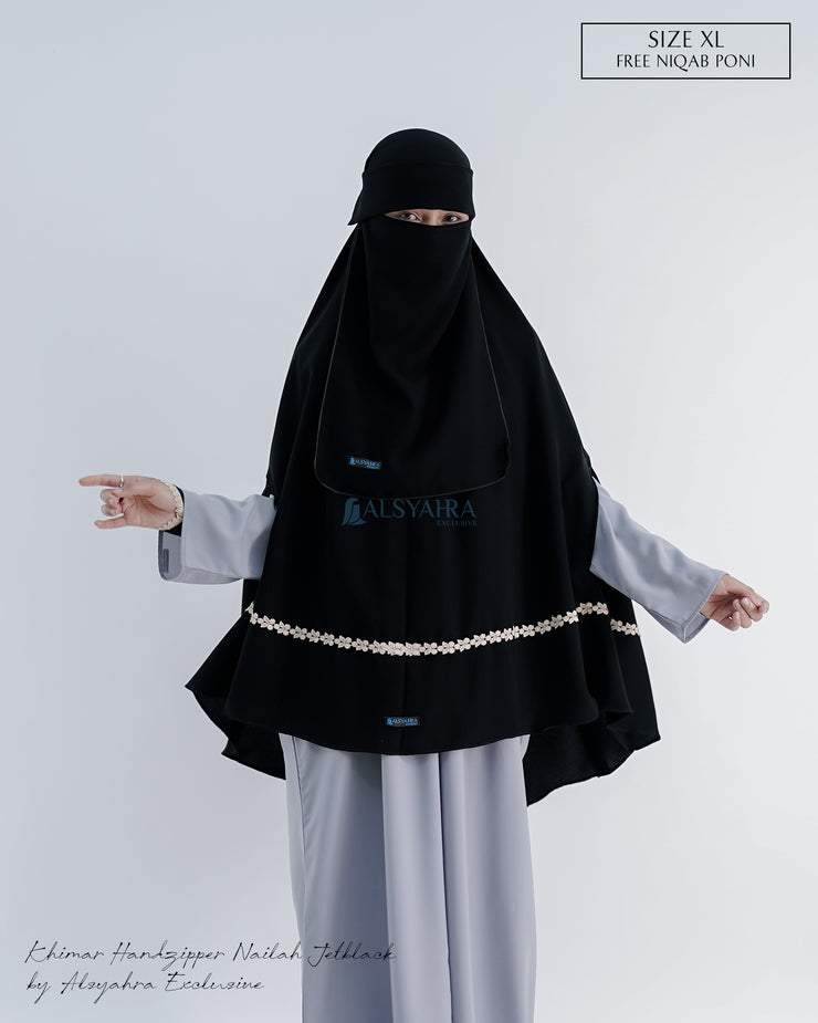 Set Khimar Syari Handzipper Nailah Size XL Niqab Poni Jetblack Alsyahra Exclusive
