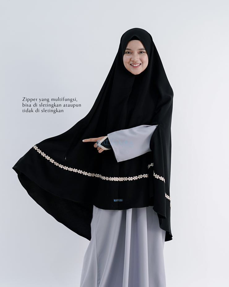 Set Khimar Syari Handzipper Nailah Size XL Niqab Poni Jetblack Alsyahra Exclusive