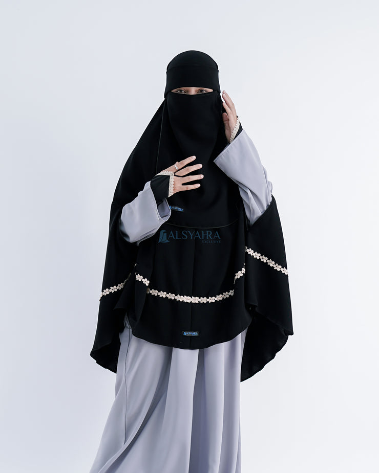 Set Khimar Syari Handzipper Nailah Size XL Niqab Poni Jetblack Alsyahra Exclusive