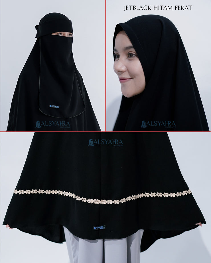 Set Khimar Syari Handzipper Nailah Size XL Niqab Poni Jetblack Alsyahra Exclusive
