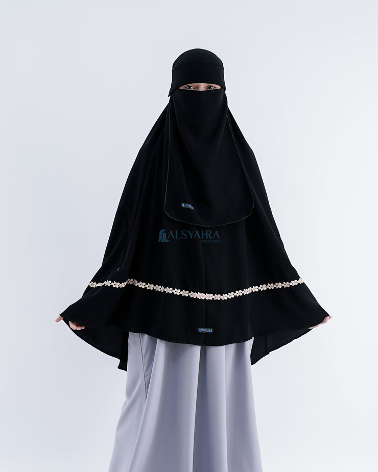 Set Khimar Syari Handzipper Nailah Size XL Niqab Poni Jetblack Alsyahra Exclusive