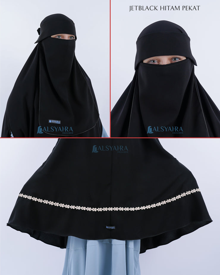 Set Khimar Syari Handzipper Nailah Size XXL Niqab Poni Jetblack Alsyahra Exclusive