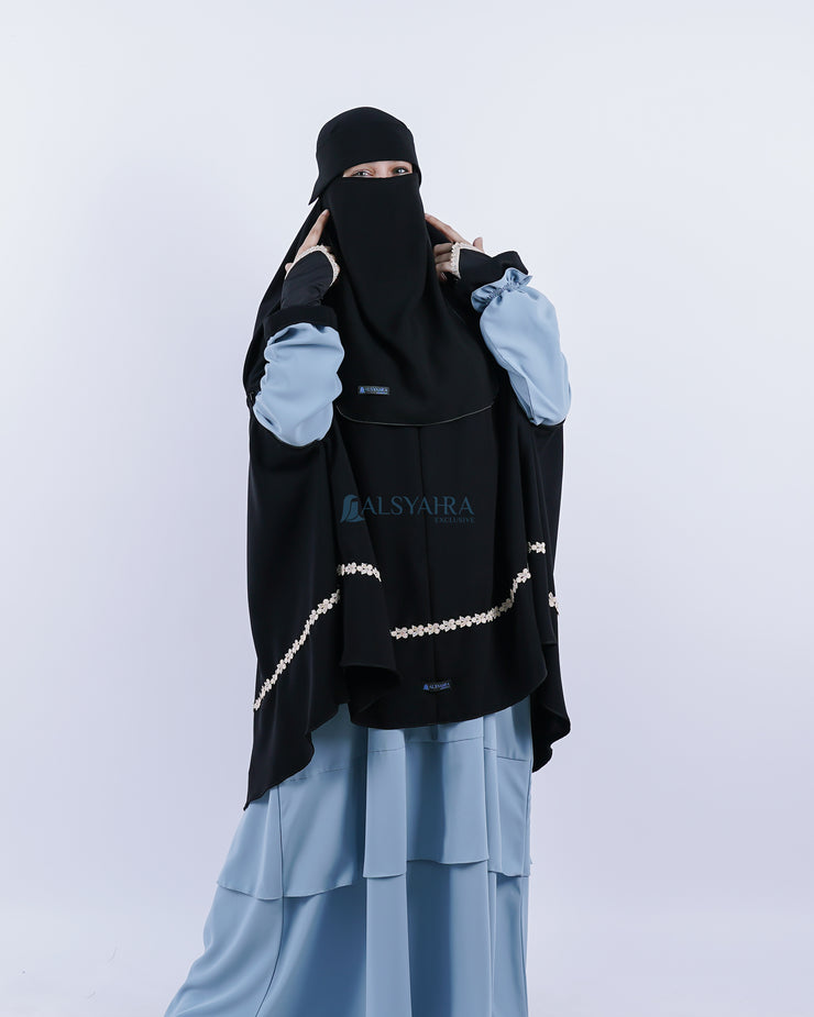 Set Khimar Syari Handzipper Nailah Size XXL Niqab Poni Jetblack Alsyahra Exclusive