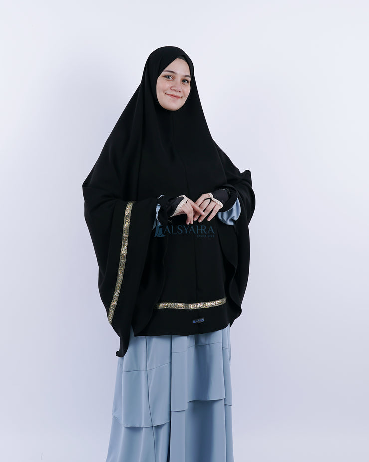 Set Khimar Syari Pita India Non Pet Niqab Bandana Jetblack XXL Alsyahra Exclusive