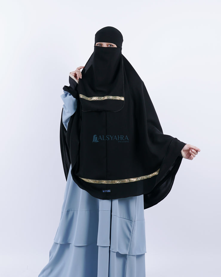 Set Khimar Syari Pita India Non Pet Niqab Bandana Jetblack XXL Alsyahra Exclusive