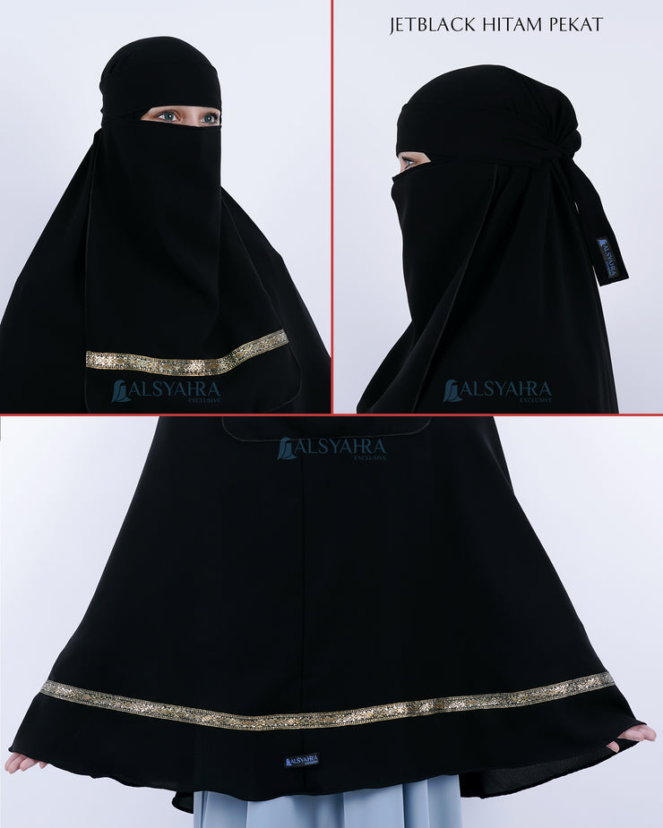 Set Khimar Syari Pita India Non Pet Niqab Bandana Jetblack XXL Alsyahra Exclusive