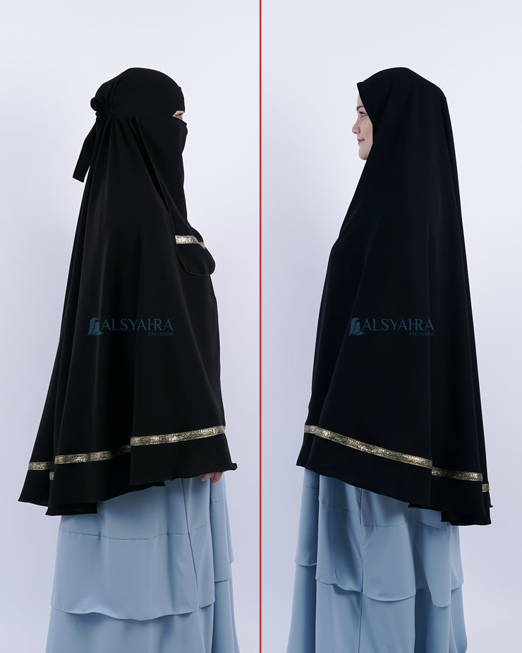 Set Khimar Syari Pita India Non Pet Niqab Bandana Jetblack XXL Alsyahra Exclusive