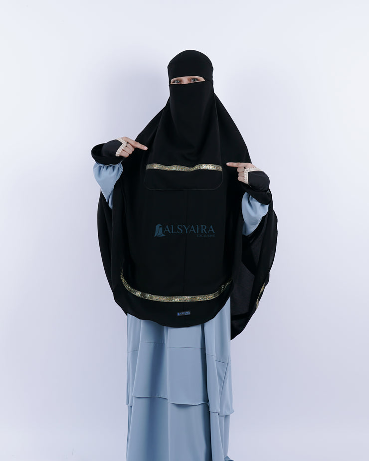 Set Khimar Syari Pita India Non Pet Niqab Bandana Jetblack XXL Alsyahra Exclusive