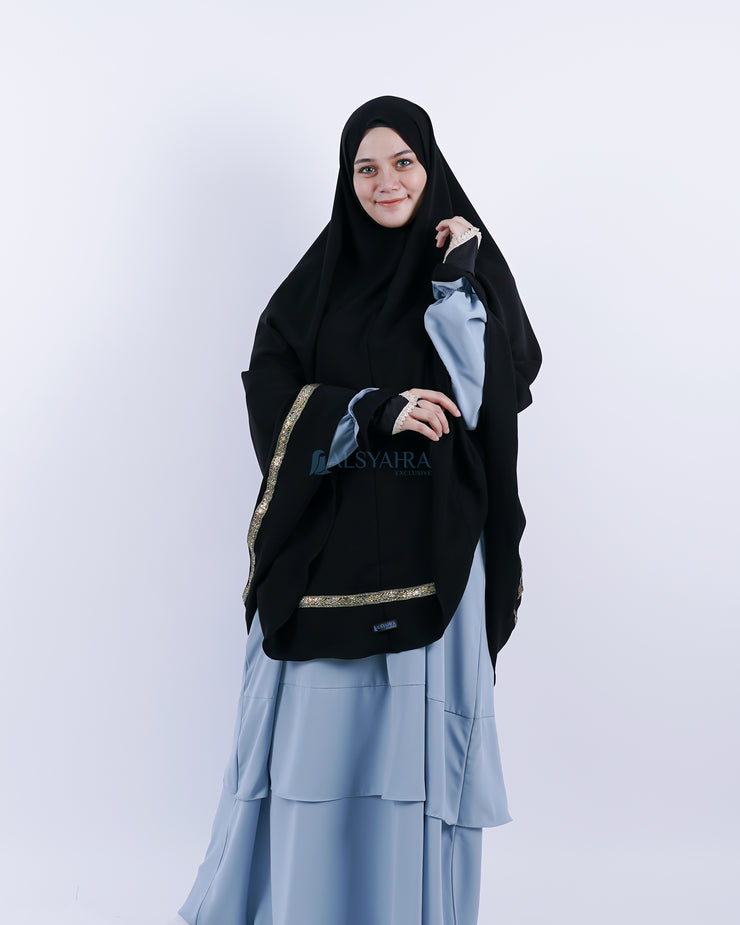 Set Khimar Syari Pita India Non Pet Niqab Bandana Jetblack XXL Alsyahra Exclusive