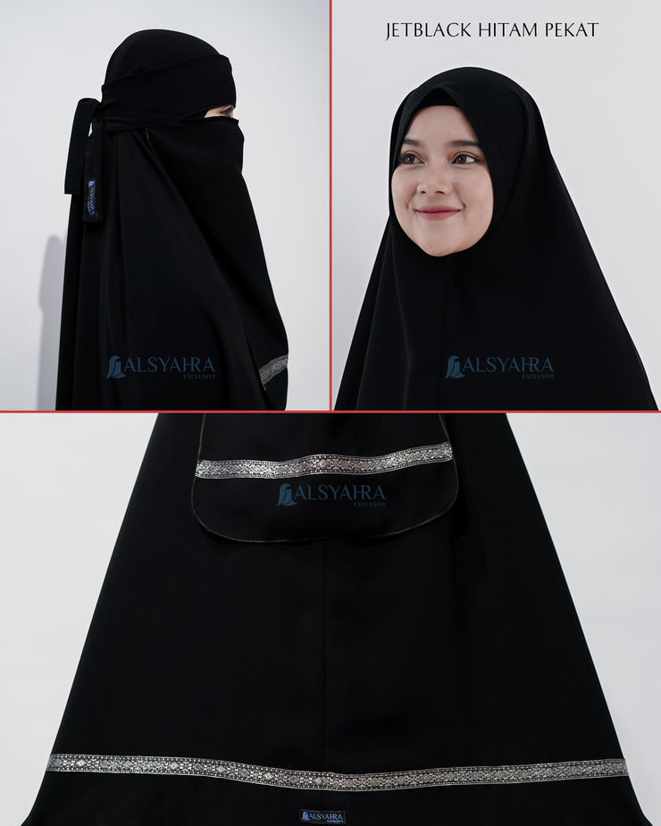 Alsyahra Exclusive Set Khimar Pita India Non Pet Niqab Bandana Jetblack XL
