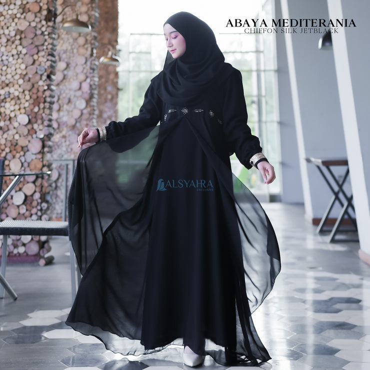 Gamis Abaya Mediterania Sifon Silk Jetblack by Alsyahra Exclusive