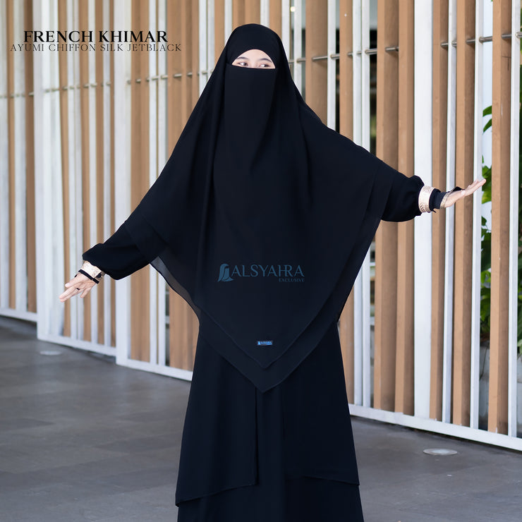 French Khimar Ayumi Size XL Sifon Jetblack by Alsyahra Exclusive