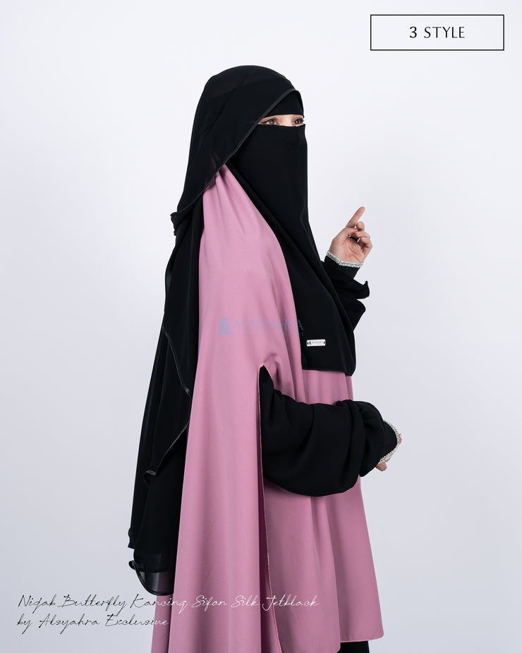 New Niqab Butterfly Kancing Chiffon Silk Jetblack Alsyahra Exclusive