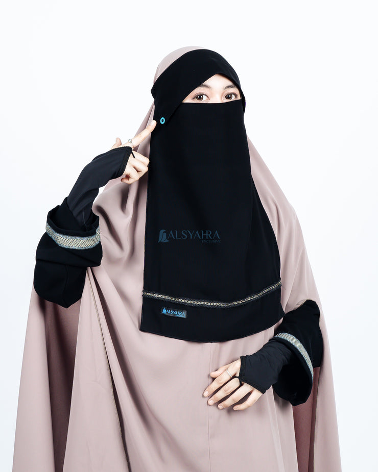 Niqab Poni Kancing Raudhah Silsila Sifon Jetblack Alsyahra Exclusive