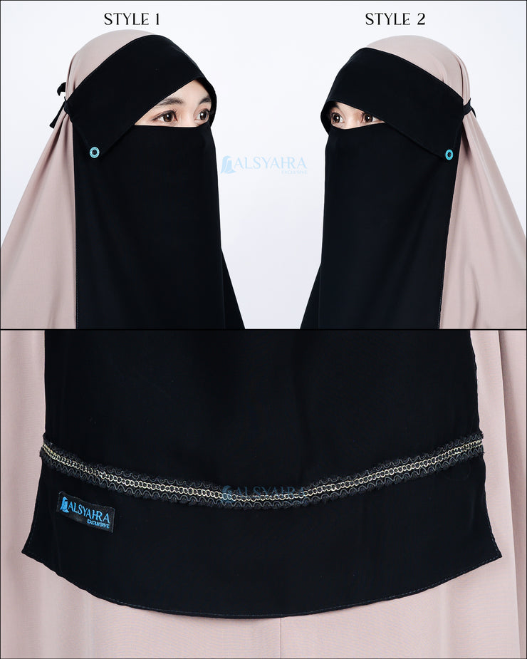Niqab Poni Kancing Raudhah Silsila Sifon Jetblack Alsyahra Exclusive
