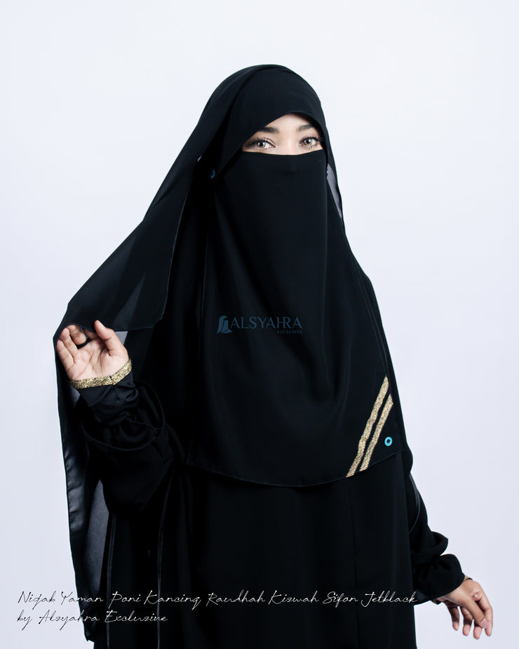 Alsyahra Exclusive Niqab Yaman Poni Kancing Raudhah Kiswah Sifon Silk Jetblack