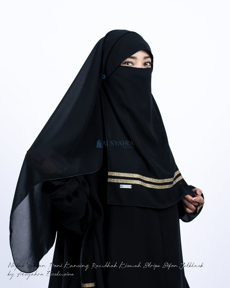 Alsyahra Exclusive Niqab Yaman Poni Kancing Raudhah Kiswah Stripe Sifon Jetblack