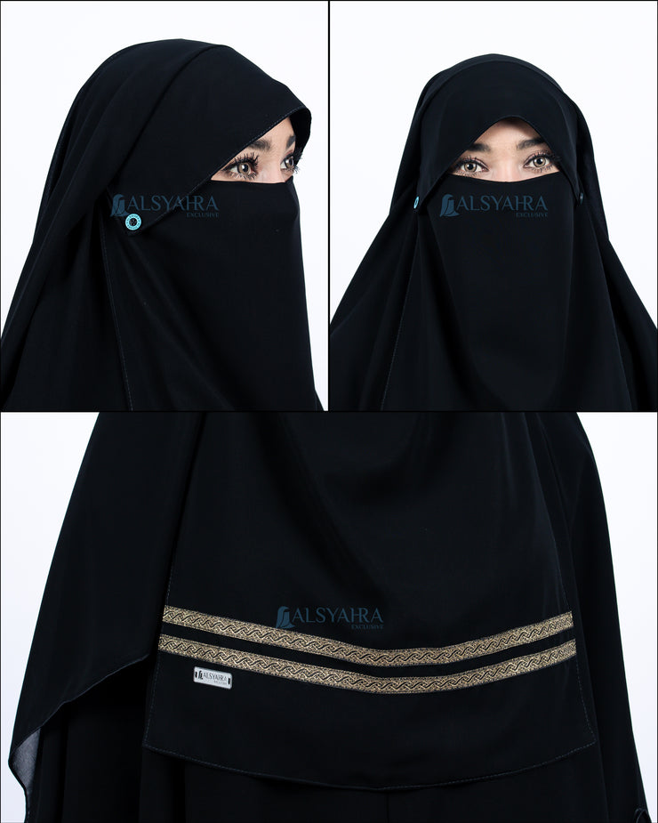 Alsyahra Exclusive Niqab Yaman Poni Kancing Raudhah Kiswah Stripe Sifon Jetblack