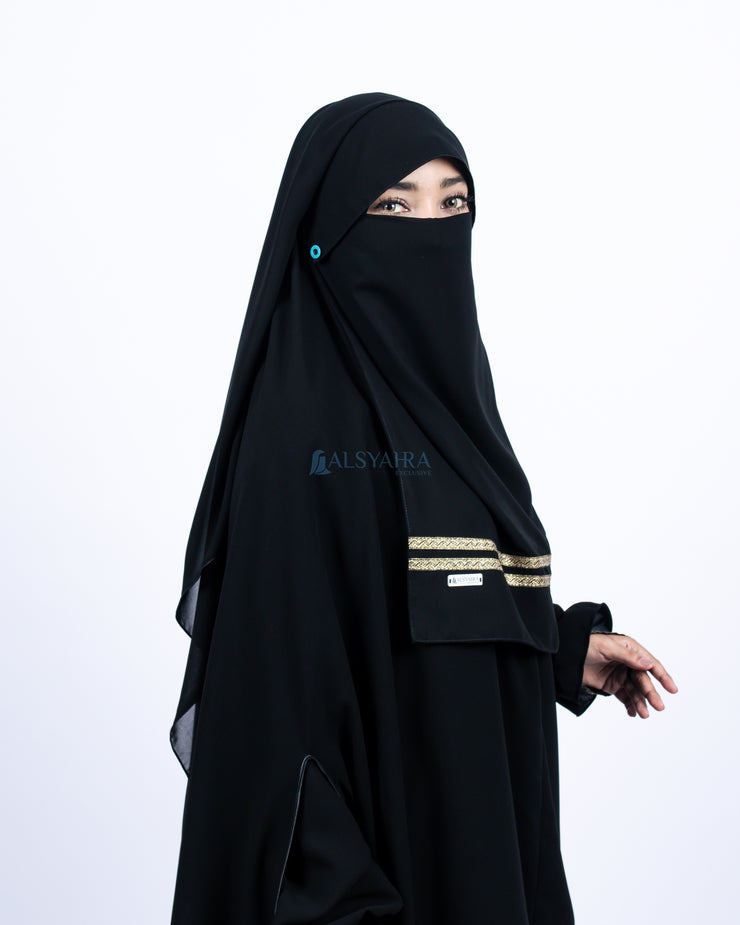 Alsyahra Exclusive Niqab Yaman Poni Kancing Raudhah Kiswah Stripe Sifon Jetblack