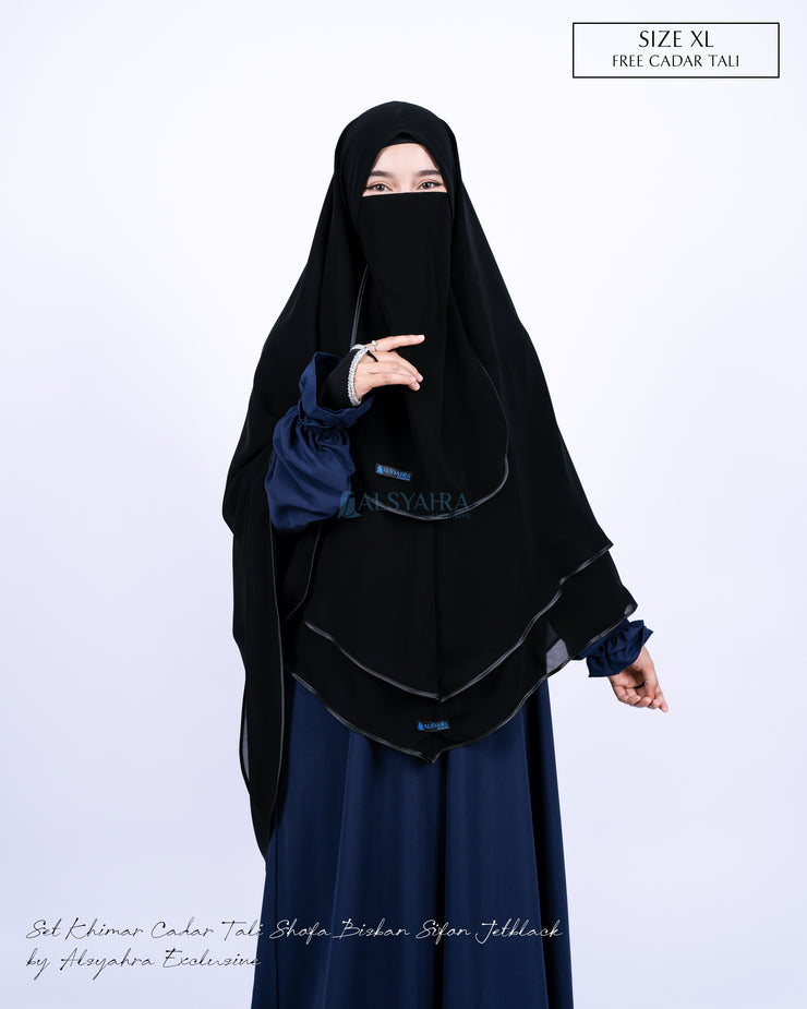 Alsyahra Exclusive Set Khimar Cadar Tali Shofa Bisban Sifon Jetblack 2 Layer XL