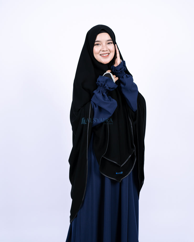 Alsyahra Exclusive Set Khimar Cadar Tali Shofa Bisban Sifon Jetblack 2 Layer XL