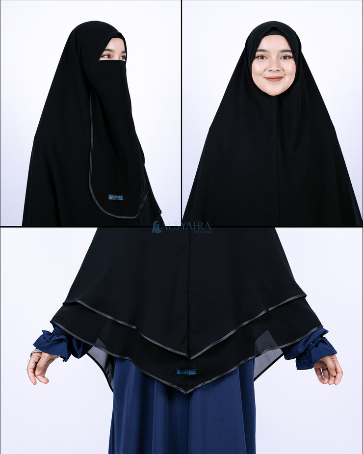 Alsyahra Exclusive Set Khimar Cadar Tali Shofa Bisban Sifon Jetblack 2 Layer XL