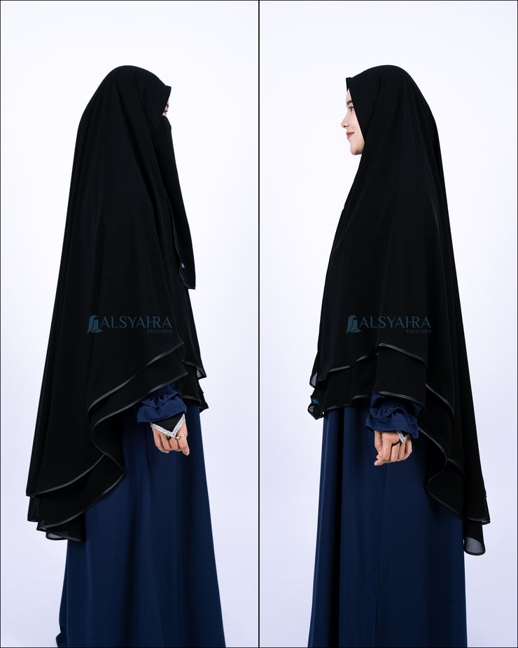 Alsyahra Exclusive Set Khimar Cadar Tali Shofa Bisban Sifon Jetblack 2 Layer XL