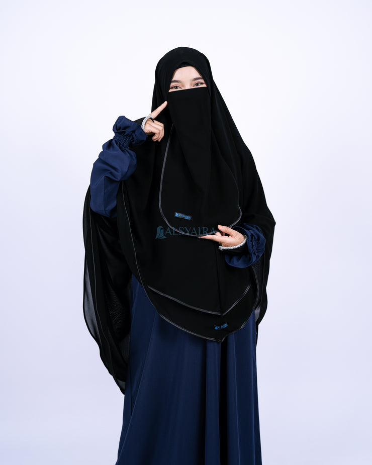 Alsyahra Exclusive Set Khimar Cadar Tali Shofa Bisban Sifon Jetblack 2 Layer XL