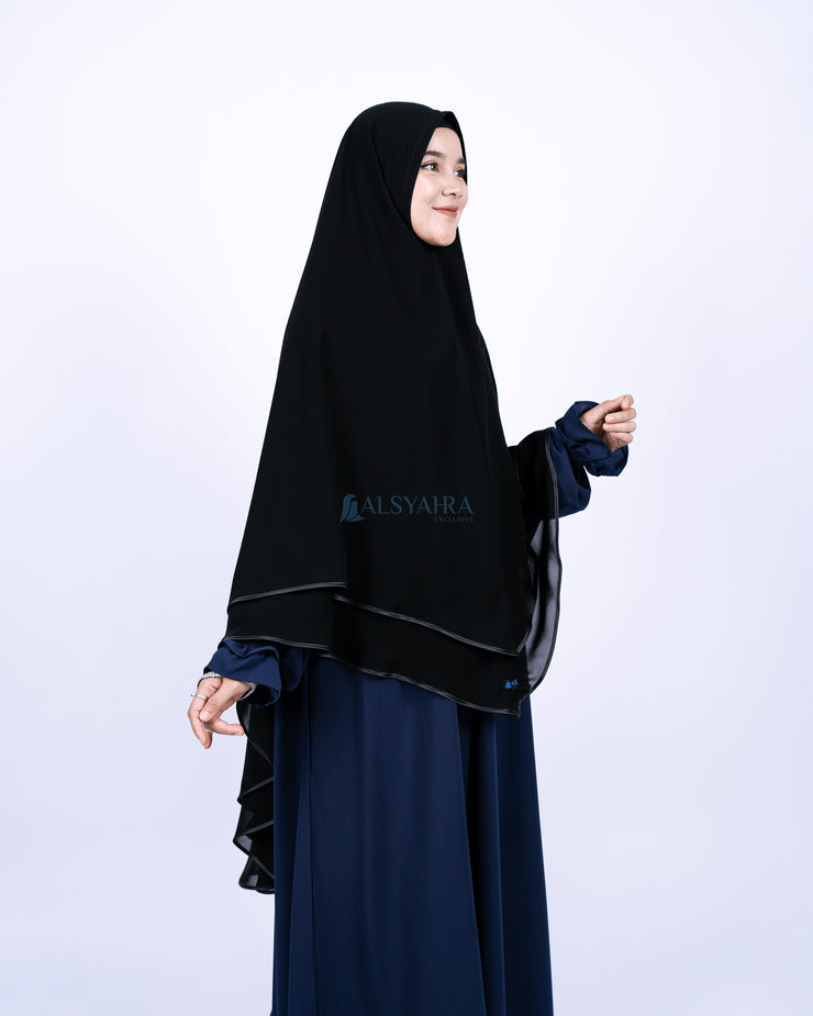 Alsyahra Exclusive Set Khimar Cadar Tali Shofa Bisban Sifon Jetblack 2 Layer XL