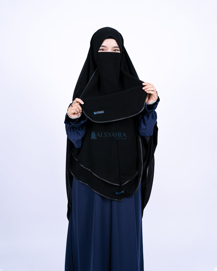 Alsyahra Exclusive Set Khimar Cadar Tali Shofa Bisban Sifon Jetblack 2 Layer XL