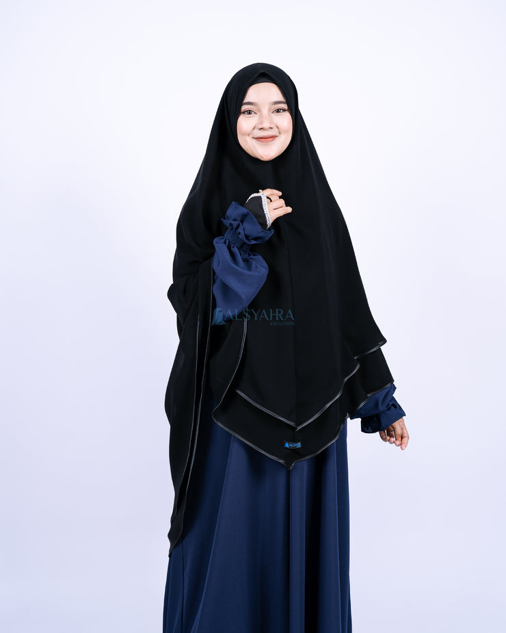 Alsyahra Exclusive Set Khimar Cadar Tali Shofa Bisban Sifon Jetblack 2 Layer XL