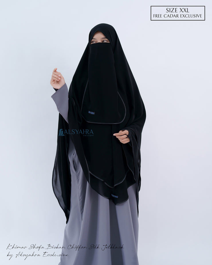 Alsyahra Exclusive Set Khimar Cadar Tali Shofa Bisban Sifon Jetblack 2 Layer XXL